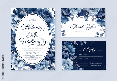 Watercolor Navy blue floral wedding invitation card template