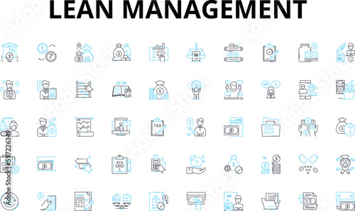 Lean Management linear icons set. Efficiency, Optimization, Kaizen, Continuous-improvement, Standardization, Streamlining, Production vector symbols and line concept signs. Quality,Waste-reduction