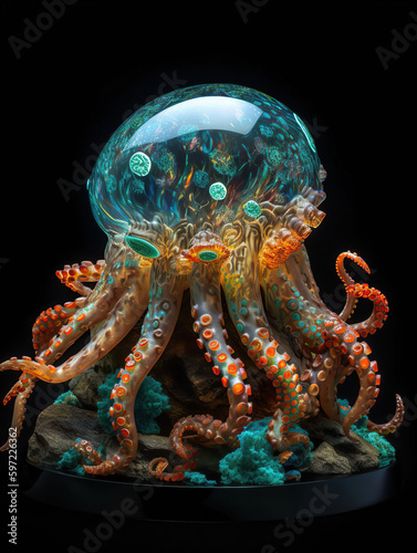 A highly detailed translucent octopus humanoid glowing from within, bioluminescent nudibranch skin, turquoise and orange corals and anemones, generative ai