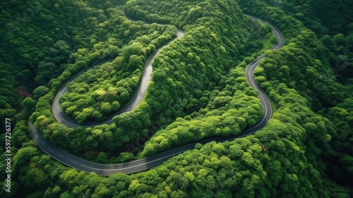 Road through green forest adventure. Generative AI.
