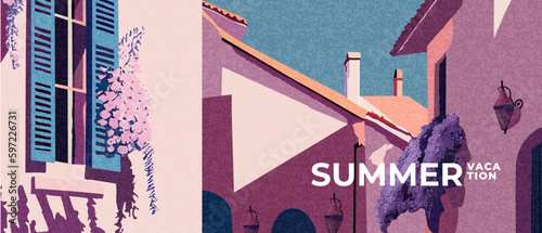 Summer nature landscape horizontal poster, cover, card with summer town, street, houses and typography design. Summer holidays, vacation travel in Europe illustration.