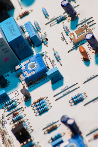 Electronic circuit motherboard close up with components