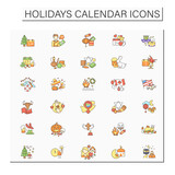 Holidays calendar color icons set. Traditional holiday is celebrated worldwide.Celebration concept. Isolated vector illustrations