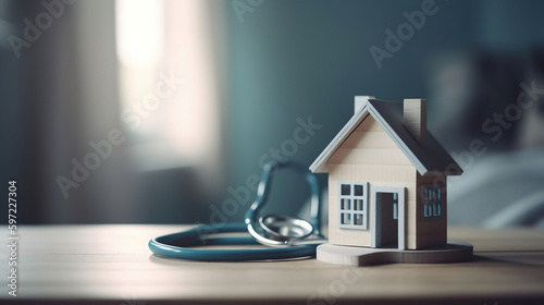 House check. miniature house and stethoscope, blue baground, generative ai photo