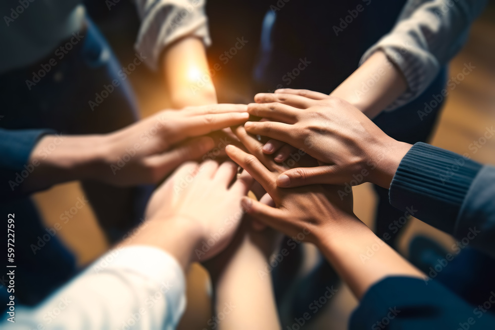Fototapeta premium Business team putting hands together for new startup, support and motivation. Diverse businesspeople stack hands in office. teambuilding, alliance, strength, creative, Co-working, technology concept.