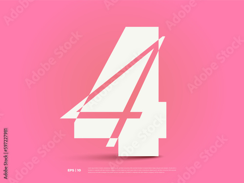 Creative number four, fourth, 4th, 4 font shape, modern dynamic flat icon design for your concept typography; alphabet, new year logo, symbol, sign, celebrating, anniversary, ranking type, award etc.