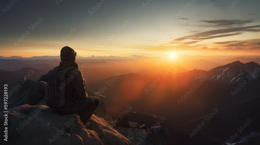 Hiker on peak of mountain enjoying view of the landscape, generative AI