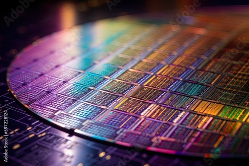 Closeup macro of silicon chip wafers, US CHINA microchip war, Generative AI photo