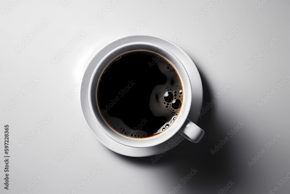 White coffe Cup with black hot coffee, top view, clean marketing design. AI Generated White coffe Cup with black hot coffee, top view, clean marketing design. AI Generated