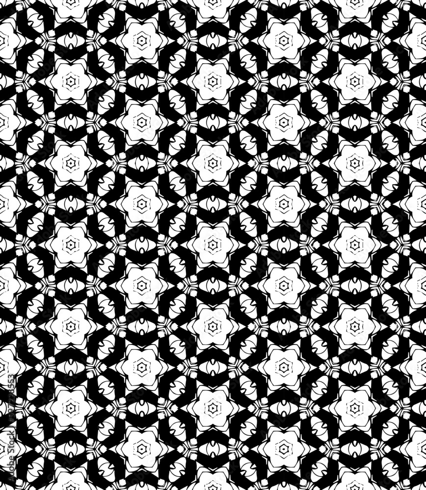 Black and white seamless abstract pattern. Background and backdrop. Grayscale ornamental design. Mosaic ornaments. Vector graphic illustration. EPS10. Black and white seamless abstract pattern. Background and backdrop. Grayscale ornamental design. Mosaic ornaments. Vector graphic illustration. EPS10.