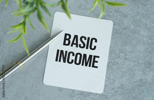 Basic income text on paper notepad, concept background