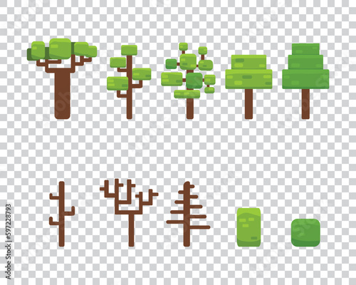 Set of original trees. Cartoon, game, trees isolated on transparent background. Flat. Vector illustration