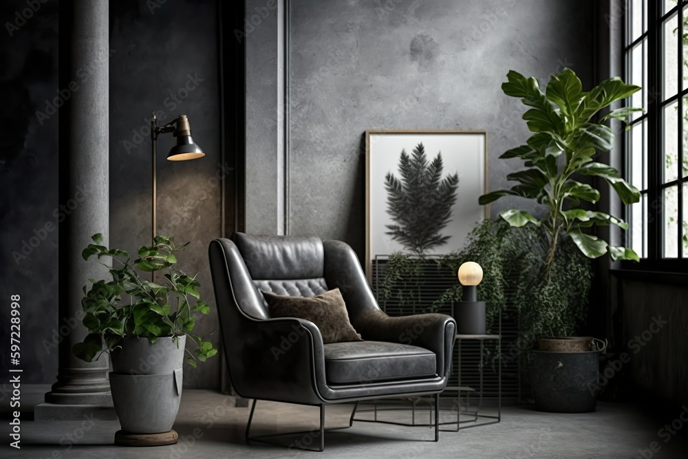Intérieur de style loft avec fauteuil gris sur mur de ciment foncé. Ai générative Intérieur de style loft avec fauteuil gris sur mur de ciment foncé. Ai générative