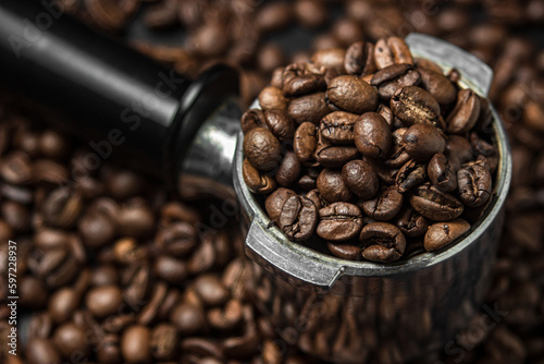 Coffee beans in a portafilter. Preparing coffee in a coffee machine