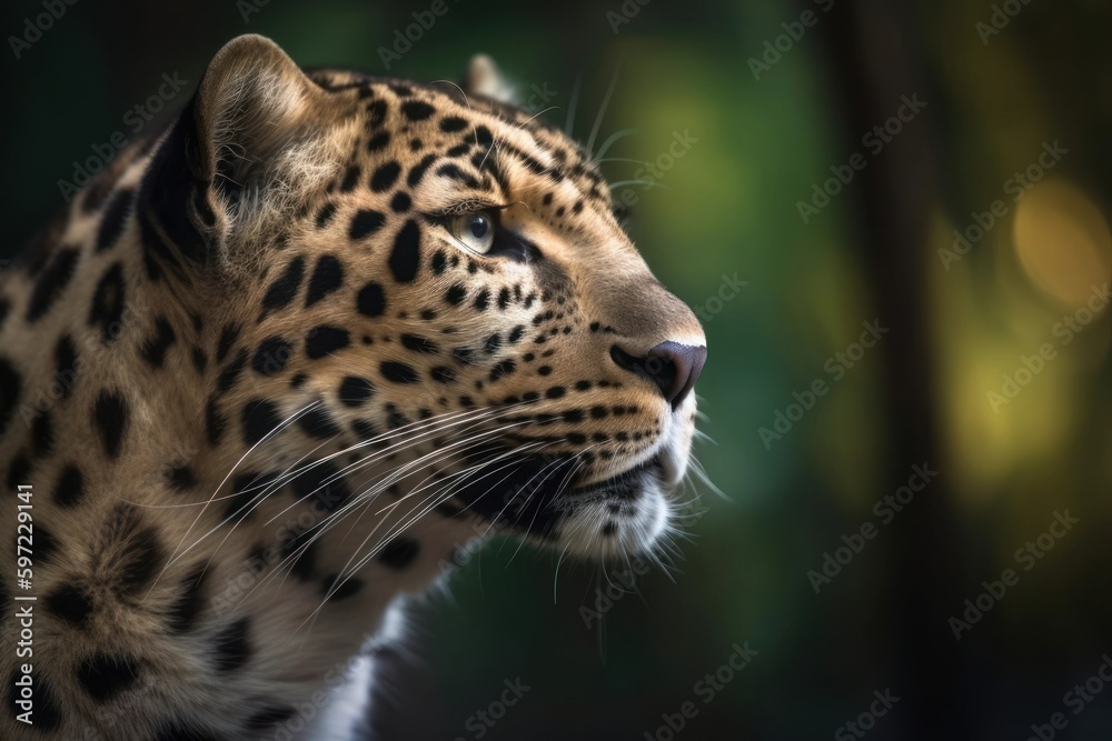 A close up of a leopard's face with trees in the background, created with Generative Ai Technology A close up of a leopard's face with trees in the background, created with Generative Ai Technology