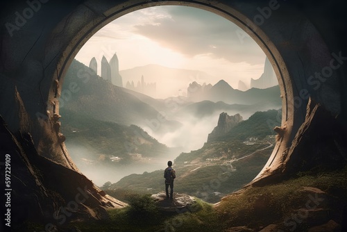 one person standing in front of the mysterious circular portal. fantastic mountain world beyond the portal. generative AI