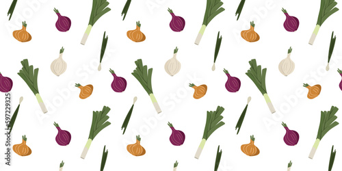 Seamless pattern with organic fresh onion and leek. Healthy vitamin food. Vegetable background, vector illustration for print and decoration
