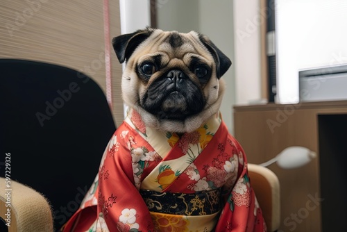A pug dog wearing a red and yellow kimono, created with Generative Ai Technology