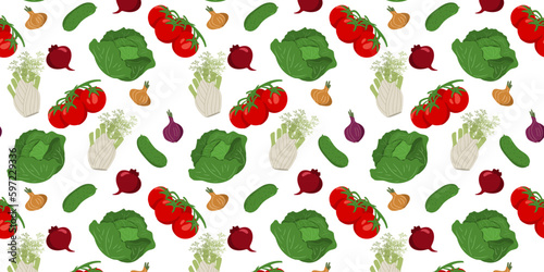Seamless pattern with organic fresh vegetables. Healthy vitamin food. Vegetable background, vector illustration for print and decoration