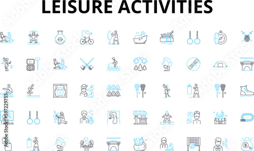 Leisure activities linear icons set. Hiking, Camping, Swimming, Biking, Surfing, Skiing, Fishing vector symbols and line concept signs. Hunting,Reading,Writing illustration Generative AI