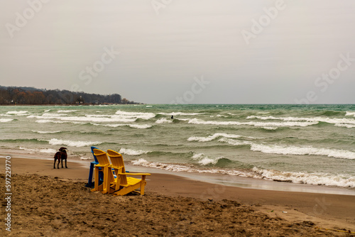A lone surfer in a wetsuit and neoprene hood heads out into breaking waves in winter on toronto s woodbine beach room for text