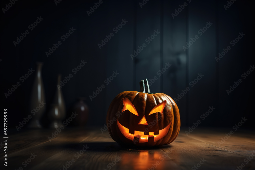 Pumpkin with a carved evil halloween face on a dark background indoors. Autumn holiday traditional Halloween concept. Generative AI