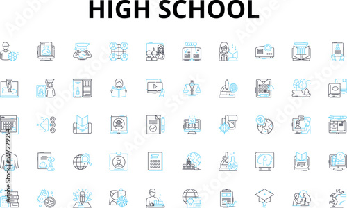 High school linear icons set. Adolescence, Homework, Extracurricular, Exams, Sports, Socializing, Cliques vector symbols and line concept signs. Scholarships,Leadership,Electives Generative AI photo