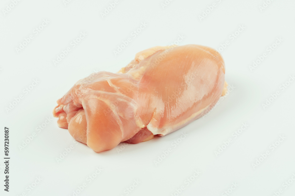 Skinless chicken meat.Raw fresh skinless chicken leg and thigh meat on a white background.Copy space.Food for retail.Ogranic food,healthy eating.Food concept.Top view.