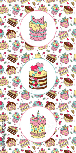 Seamless pattern with the funny cakes and pastries. Cake, muffin, cupcake, panna cotta, cookies, dessert, cream, chocolate, sweet, yummy, food, bakery, pastry. Vector illustration