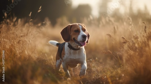 A Happy Beagle Running in a Field in Autumn - An Animal Picture, created with Generative AI