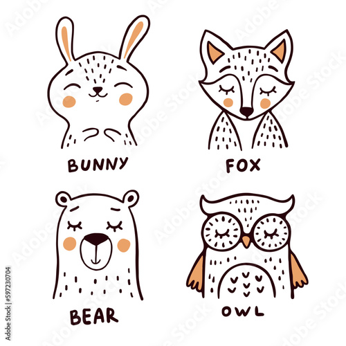 Bunny, fox, bear and owl hand drawn vector illustrations set