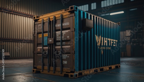 Cargo container. Closed sea container in hangar. Metal box for transportation. Place for inscription on white. Blue cargo container. Freight transportation service concept. 3d image. Generative AI