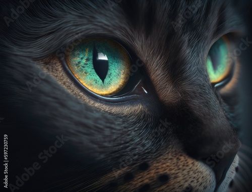 A close-up of a black cat's eyes on a black background. Halloween and horror atmospheres are portrayed. Evil eyes of panthers and witches. unlucky and superstition concepts. Generative AI