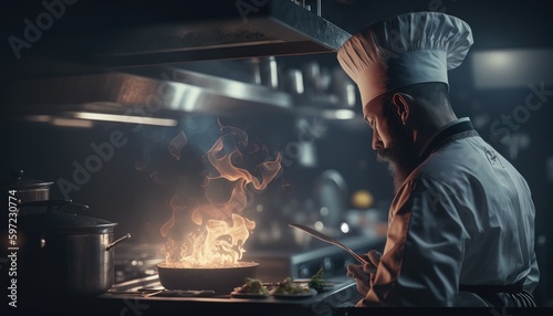Food concept. Chef in white uniform monitors the degree of roasting and greases meat with oil in saucepan in modern restaurant kitchen. Preparing traditional beef steak on barbecue oven. Generative AI