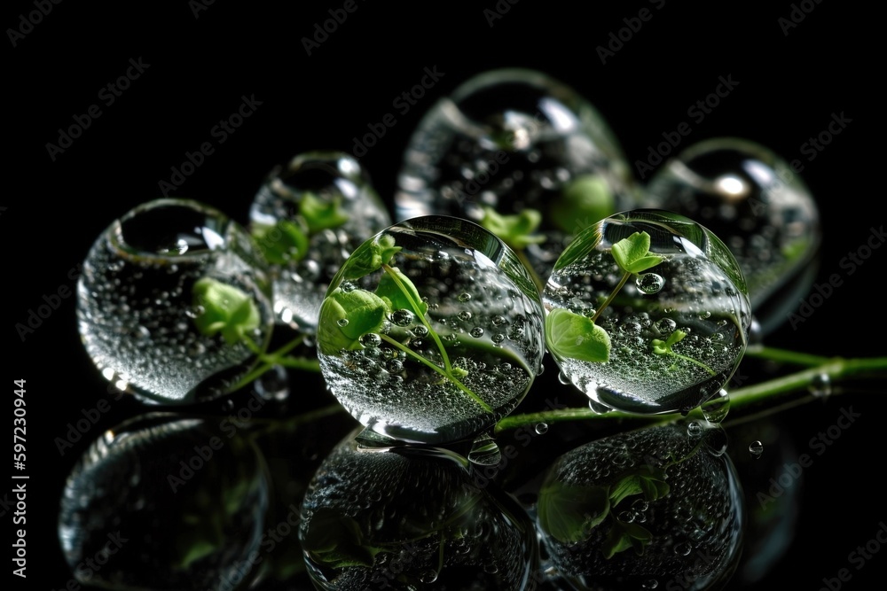A group of glass balls with green leaves inside, created with Generative Ai Technology A group of glass balls with green leaves inside, created with Generative Ai Technology