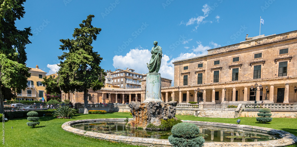 Statue of Sir Frederick Adam in front of the palace and Asian Art museum of Corfu, Greece.