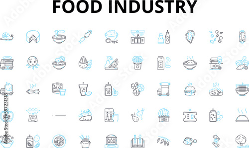 Food industry linear icons set. Agriculture, Farming, Fishing, Livestock, Harvest, Cuisine, Restaurant vector symbols and line concept signs. Hospitality,Culinary,Catering illustration