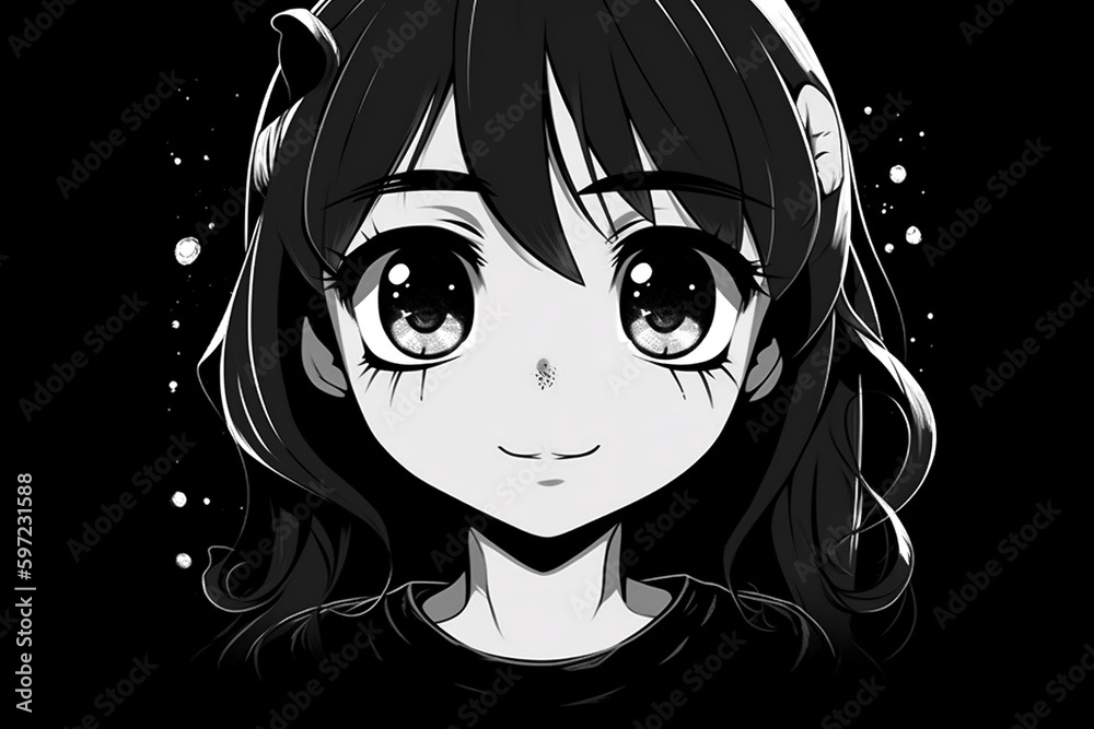 Japanese black and white anime poster Kawaii. School girl face with big ...