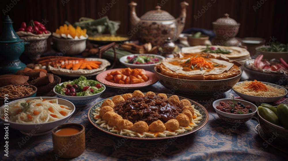 Traditional Eastern dishes on table. Celebration of Eid al-Fitr, Eid Adha, Generative ai