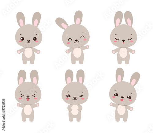 Cute rabbit emoji icon set. Kawaii woodland animal icons. Messenger emoji. Kawaii bunny emoticon smiling. Happy facial expressions. Cartoon animals vector signs. Chibi anime hare emoticons.