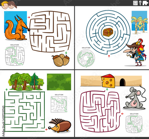 maze games set with funny cartoon characters