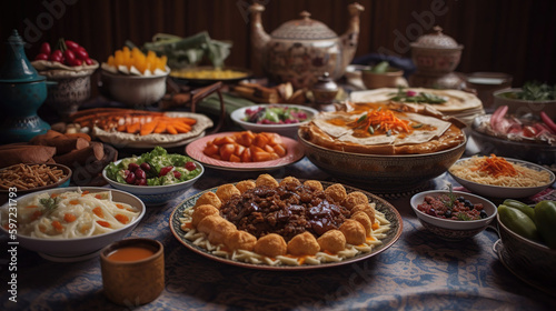 Traditional Eastern dishes on table. Celebration of Eid al-Fitr  Eid Adha  Generative ai