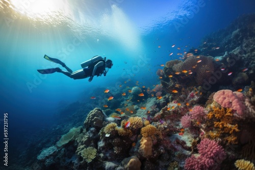 A person swimming over a colorful coral reef, created with Generative Ai Technology