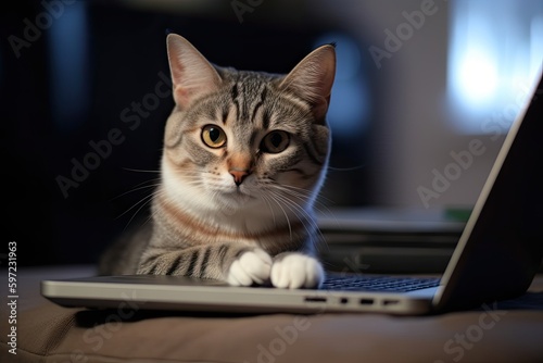 a gray cat is looking at a laptop screen Generative AI