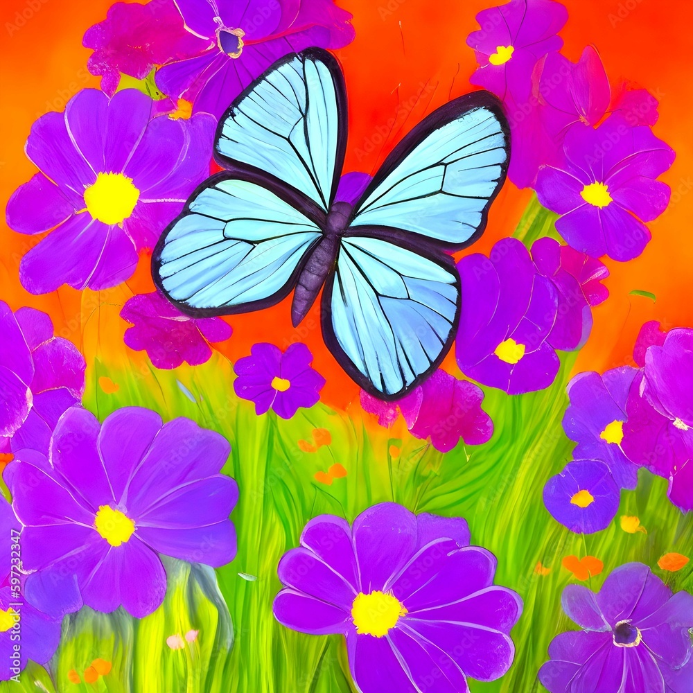 Painting of a blue butterfly flying over purple flowers. Generative Ai
Painting of a blue butterfly flying over purple flowers. Generative Ai