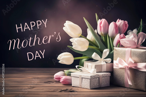 Beautiful Mothers day celebration illustration with a pink and white floral and present design theme generative AI illustration
