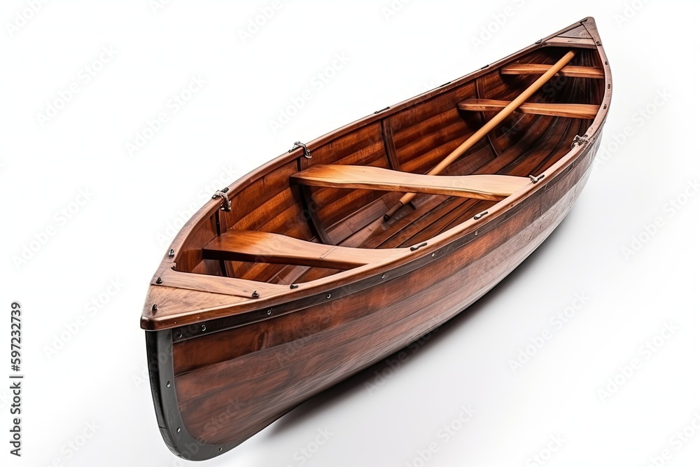 Stylish wooden lacquered canoe close-up on a white background. Generative AI Stylish wooden lacquered canoe close-up on a white background. Generative AI