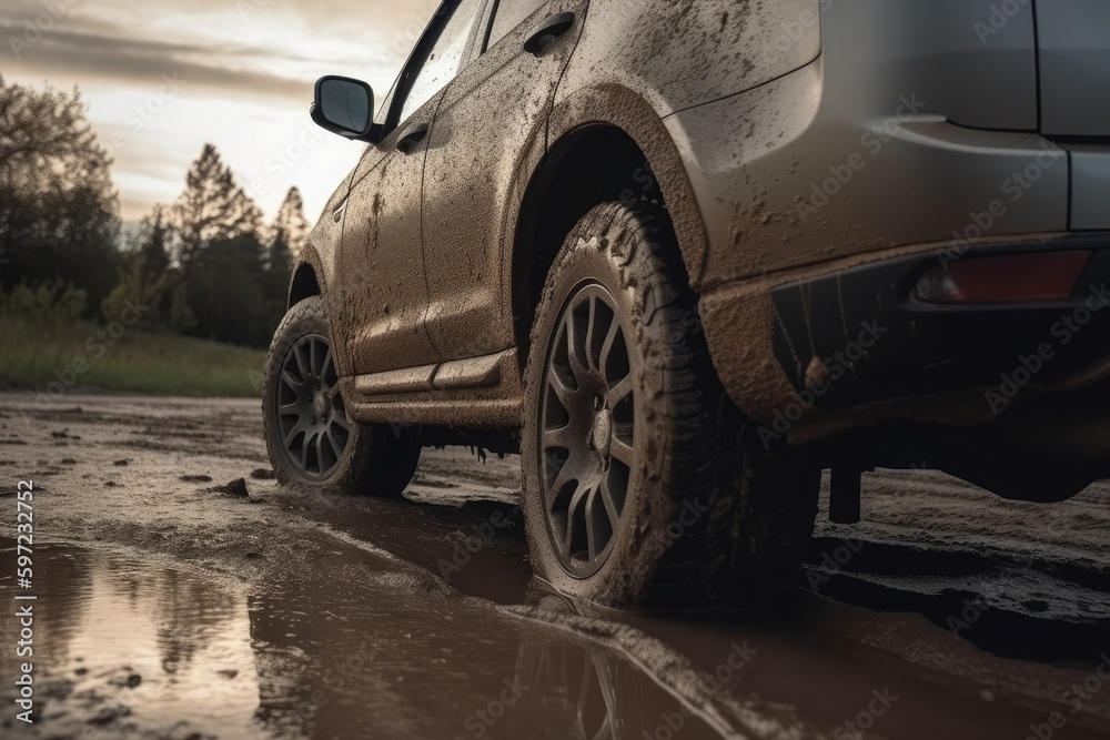 SUV driving off road close up. Generative AI SUV driving off road close up. Generative AI