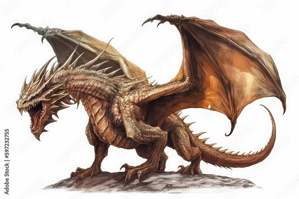 Fototapeta premium Golden dragon or wyvern illustration isolated on white background. Generative AI