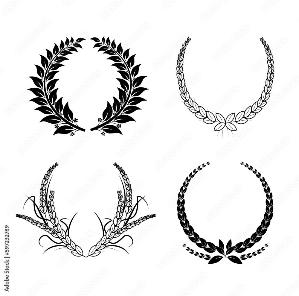 Set of wreaths and branches with leaves. Set of black circular foliate branches.